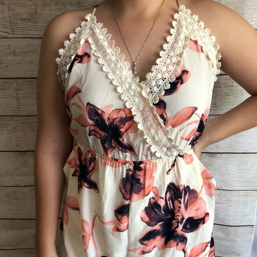 White/Pink Floral Laced Shorts Romper Crossed Back
